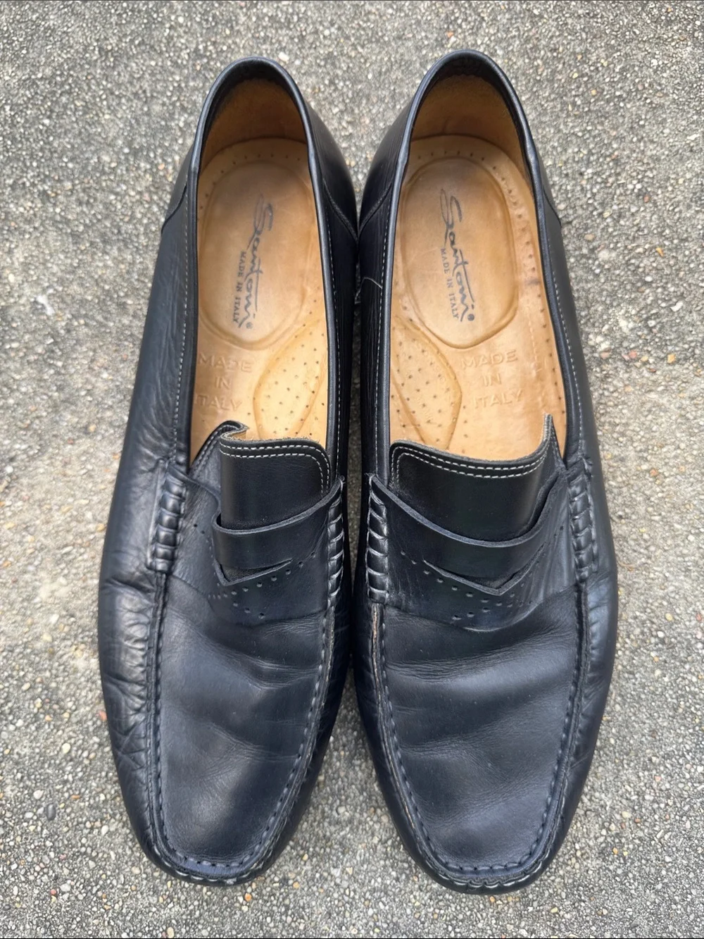 Santoni Black Leather Penny Loafers Size 11.5D - Made In Italy